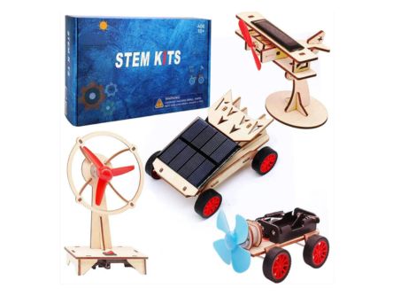DIY Wooden 4-in-1 STEM Kit for Kids, Wooden Solar Power Motor Kit for Boys to Build, STEM Electric Projects Engineering Set