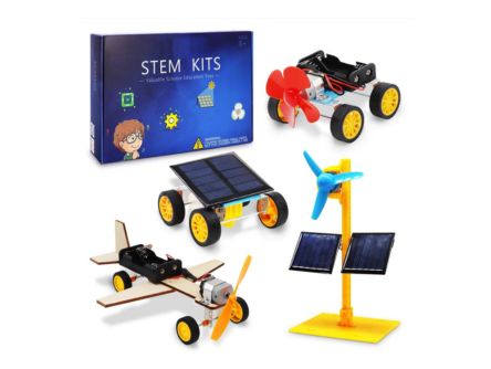 DIY 4-in-1 STEM Kit, DIY Solar Science Experiment Model Kit Solar Power Car, Electric Motor Biplane Glider, Toy Binoculars and Wind Power Car